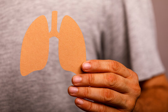A person's hand holds a paper cutout representing human lungs, symbolizing respiratory health.