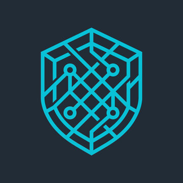 Cybersecurity shield logo with circuit board pattern digital data protection concept isolated on transparent background