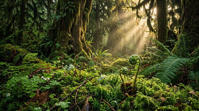 Ancient rainforest floor draped in moss and unfurling ferns, golden morning light piercing through the dense canopy between vast trunks
