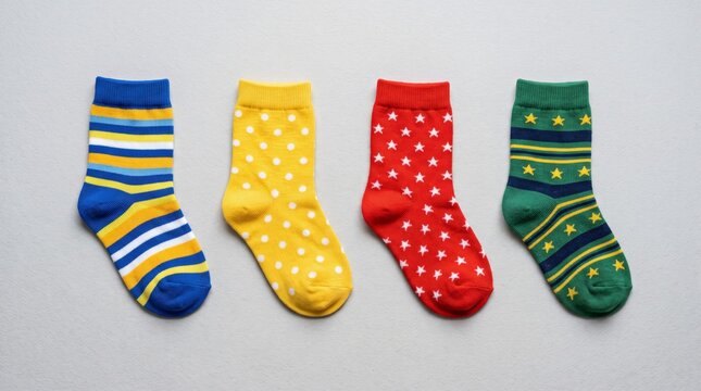 Four colorful pairs of patterned cotton socks arranged in a neat row against a neutral gray background for display