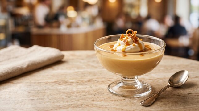 Caramel pudding dessert in glass bowl topped with whipped cream and syrup served on stone table in cafe