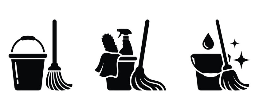 cleaning icons featuring bucket mop spray bottle and sparkling mop isolated on transparent background
