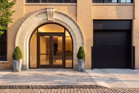 Round Arched Bronze Entrance of Converted Chocolate Factory Loft Building