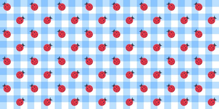 Seamless pattern of cute red ladybugs on a blue light plaid background. Vector illustration ideal for fabric, wallpaper, wrapping paper, and spring designs.