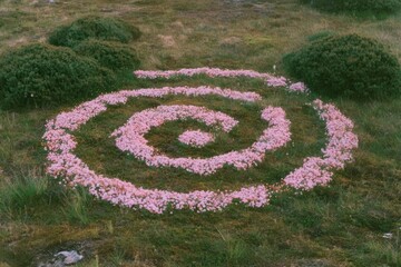 Obraz premium Pink flower spiral pattern in grassy landscape