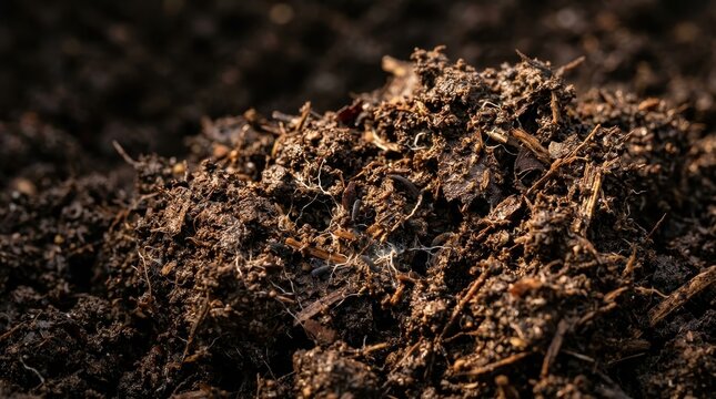 Close up of rich, dark organic compost soil texture with visible organic matter and fine roots