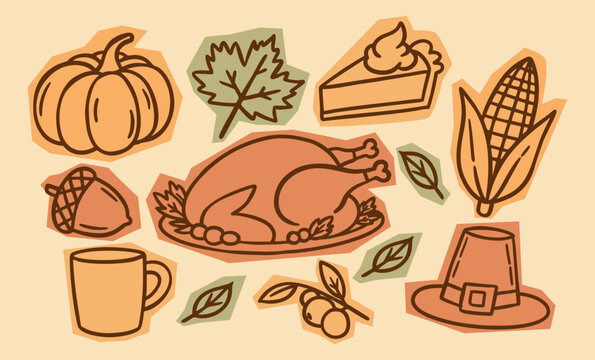 Thanksgiving harvest doodle vector set. Hand drawn fall line art illustration featuring turkey, pumpkin and pie for seasonal holiday feast design