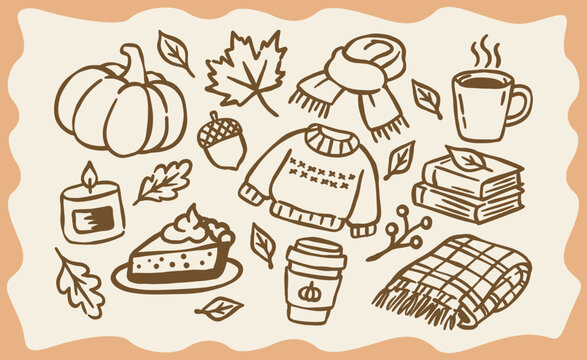Cozy autumn fall doodle vector set. Minimalist hand drawn line art illustration for seasonal, harvest and thanksgiving design