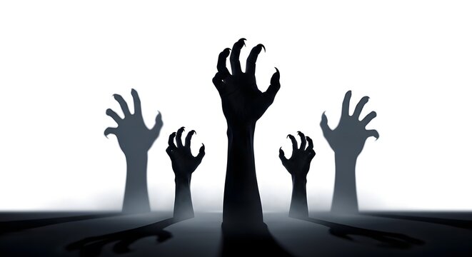 Creepy silhouette of reaching zombie hands emerging from the ground in a spooky and unsettling scene