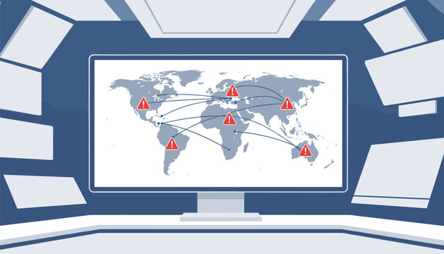 High tech control room monitor displaying a world map with red warning triangle alert icons and connection lines.