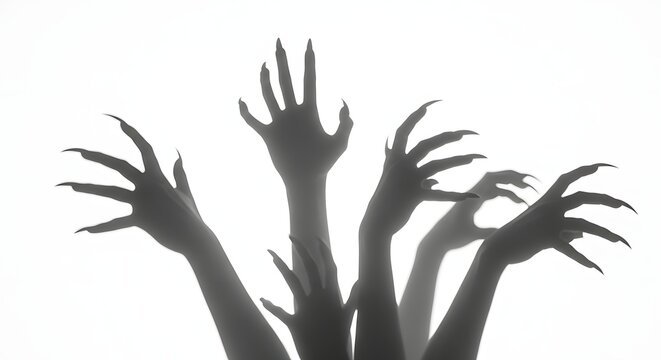 A collection of dark shadowy hands stretch and reach upwards toward the light on a plain white backdrop generating a tense and disturbing atmosphere