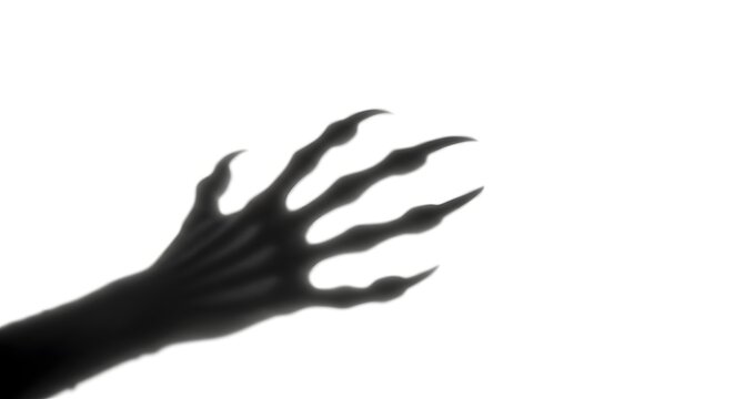 Dramatic shadow of a clawed hand reaching out against a stark white background creating a sense of fear