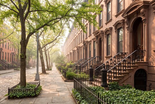 Tree Lined Brownstone Street With Italianate Row Houses in Spring