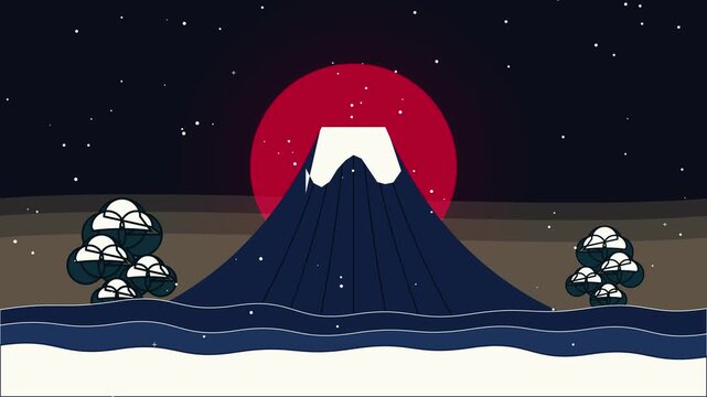 Stylized snowy mountain vector animation featuring glowing red sun and