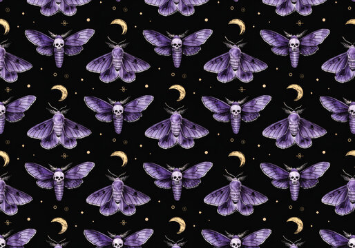 Purple death head moths with golden moon phases on dark background in high fidelity design