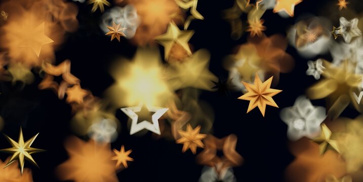 Festive golden stars and bokeh lights create a magical background.