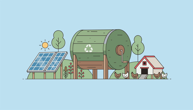Sustainable eco farm illustration showcasing a large recycling composter barrel, solar panels, and a chicken coop with poultry.
