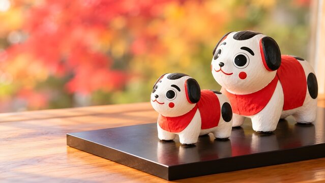 紅葉を背にした大小2体の犬張子 黒い漆の敷板に飾った日本の縁起物