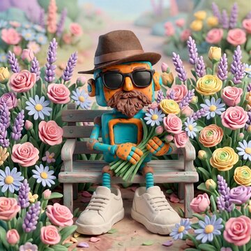 Cute 3D Clay Robot With Hat & Beard on Garden Bench Holding Spring Flower Bouquet