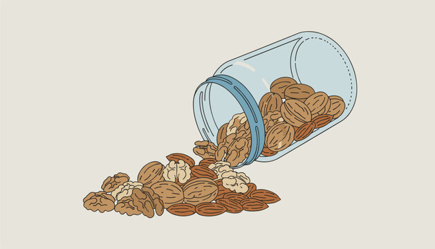 Clear glass jar tipped over with a scattered pile of shelled and unshelled walnuts and almonds on a table.