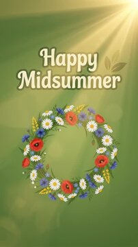 Happy Midsummer greeting with floral wreath and sunbeams motion graphic, ai generated