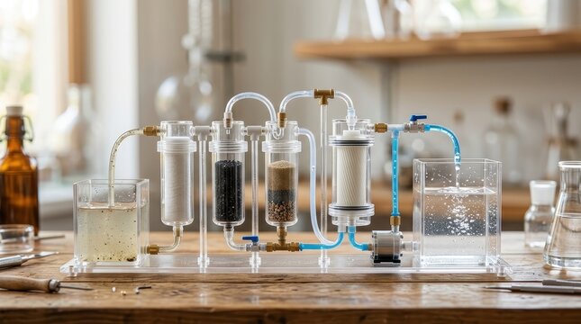 Complex water filtration system with multiple clear chambers and tubing, set up in a laboratory environment for scientific testing and water purification research