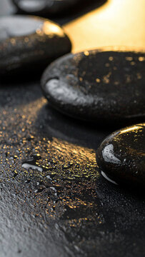 Wet dark charcoal natural stone surface with soft light reflex