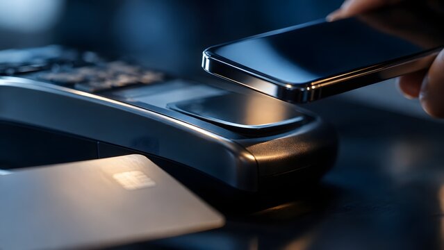 Hand holding smartphone above card reader terminal