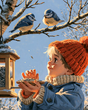 Child in a woolly hat filling a bird feeder as two blue tits wait