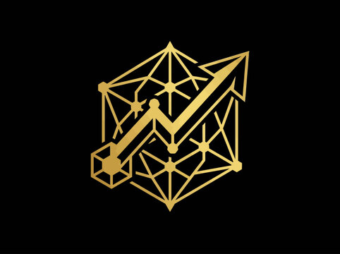 Abstract golden geometric shape with upward arrow graph representing growth finance and data analysis isolated on black background