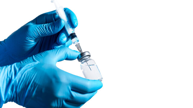 Medical Professional Preparing Syringe with Vial isolated on white background closep with copy space 