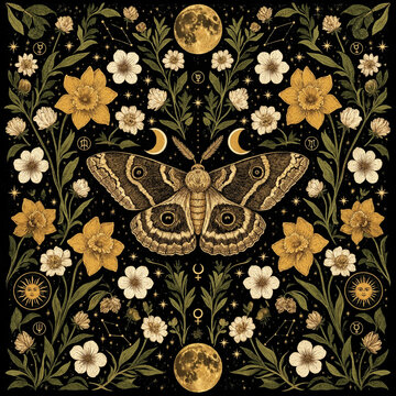 Esoteric moth astrology print with flowers and celestial elements