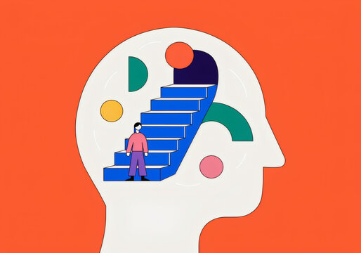 Human head silhouette with staircase symbolizing a journey to understanding and exploration of thoughts