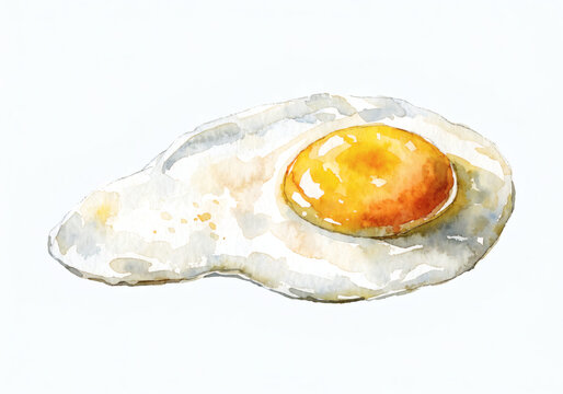 Watercolor fried egg illustration on a white background with high fidelity details