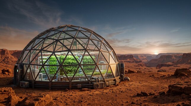 Geodesic biodome greenhouse with green plants on red Mars landscape, planetary colonization concept