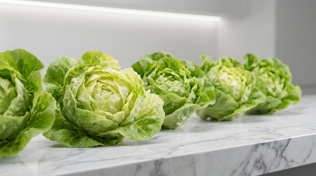 Fresh buttercrunch lettuce heads lined up neatly on a clean marble countertop in a modern bright kitchen
