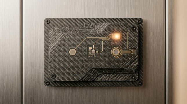 Futuristic Carbon Fiber Circuit Board with Glowing Orange Light, Modern Electronic Technology Design