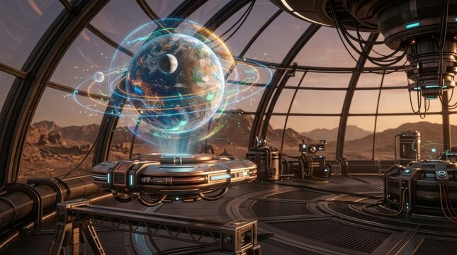Futuristic Space Station Interior Showcasing Holographic Planet Model in Advanced Observatory