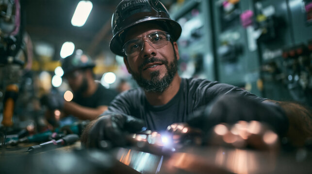 Industrial Worker in Safety Gear Working at Manufacturing Plant