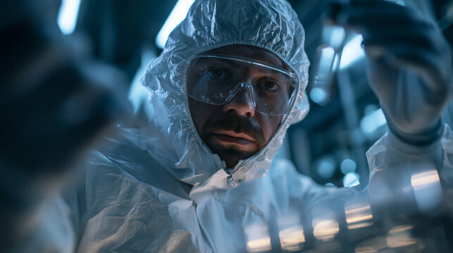 Scientist in Protective Cleanroom Suit Working in Laboratory