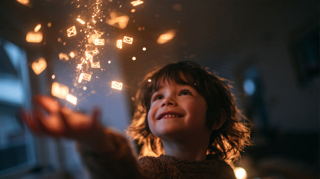 Happy Child with Glowing Email Messages Floating Above Hand