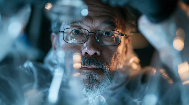 Mature Scientist Conducting Chemistry Experiment in Laboratory
