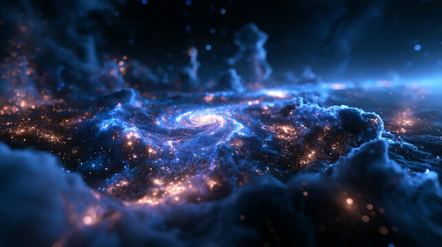 Spiral Galaxy Glowing Amid Cosmic Clouds and Starlight