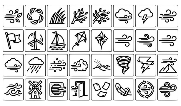 Minimal Wind Outline Icons Collection, Airflow Direction, Breeze, Tornado, Ventilation and Weather Symbols