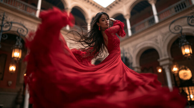 Flamenco Dancer in Red Dress Spinning in Spanish Courtyard