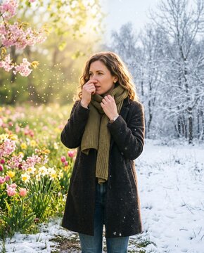 Person experiencing seasonal allergy and cold sensitivity between spring blossoms and winter snow showing environmental changes and respiratory discomfort concept