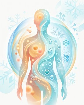Body temperature balance and immune wellness concept with human silhouette, warm and cool zones, hydration elements and seasonal cold protection