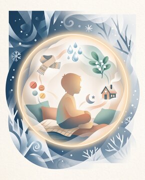 Child protected from seasonal illness with healthy habits, warm winter environment and immune wellness elements inside a protective sphere concept