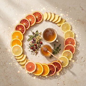 Natural immune support concept with citrus fruits, ginger, herbal tea and honey arranged in a protective circle for seasonal wellness and healthy lifestyle