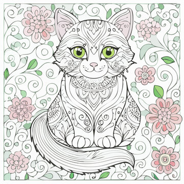 Detailed cat outline with floral background and zentangle patterns